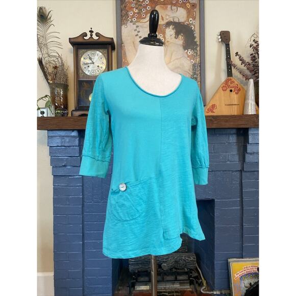 Neon Buddha Tops - Neon Buddha S Tunic Top 3/4 Sleeve Embellished Button Turquoise Cotton Shirt